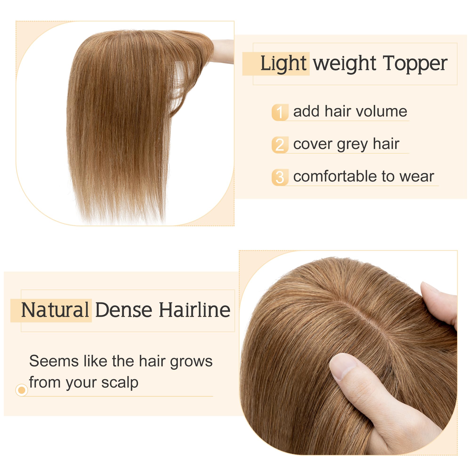 SEGO 150% Density Human Hair Toppers for Women with Bangs - Silk Base 100% Remy Human Hair Clip-in Crown for Thinning Hair & Gray Coverage - 12 Inch Light Brown - Perfect for Daily Wear, Parties & Special Occasions