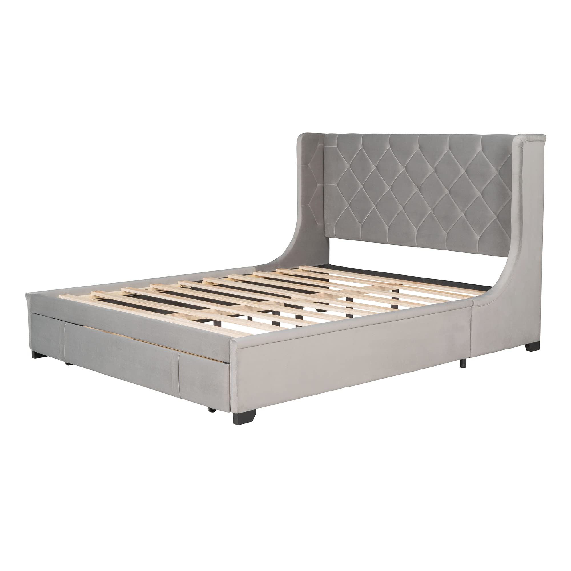 TRIPLE TREE Queen Size Storage Bed with 4 Drawers, Upholstered Wingback Platform Bed Frame with Wooden Slat Support - Modern Bedroom Furniture for Teens & Adults (Gray) | Perfect for Small Spaces & Guest Rooms