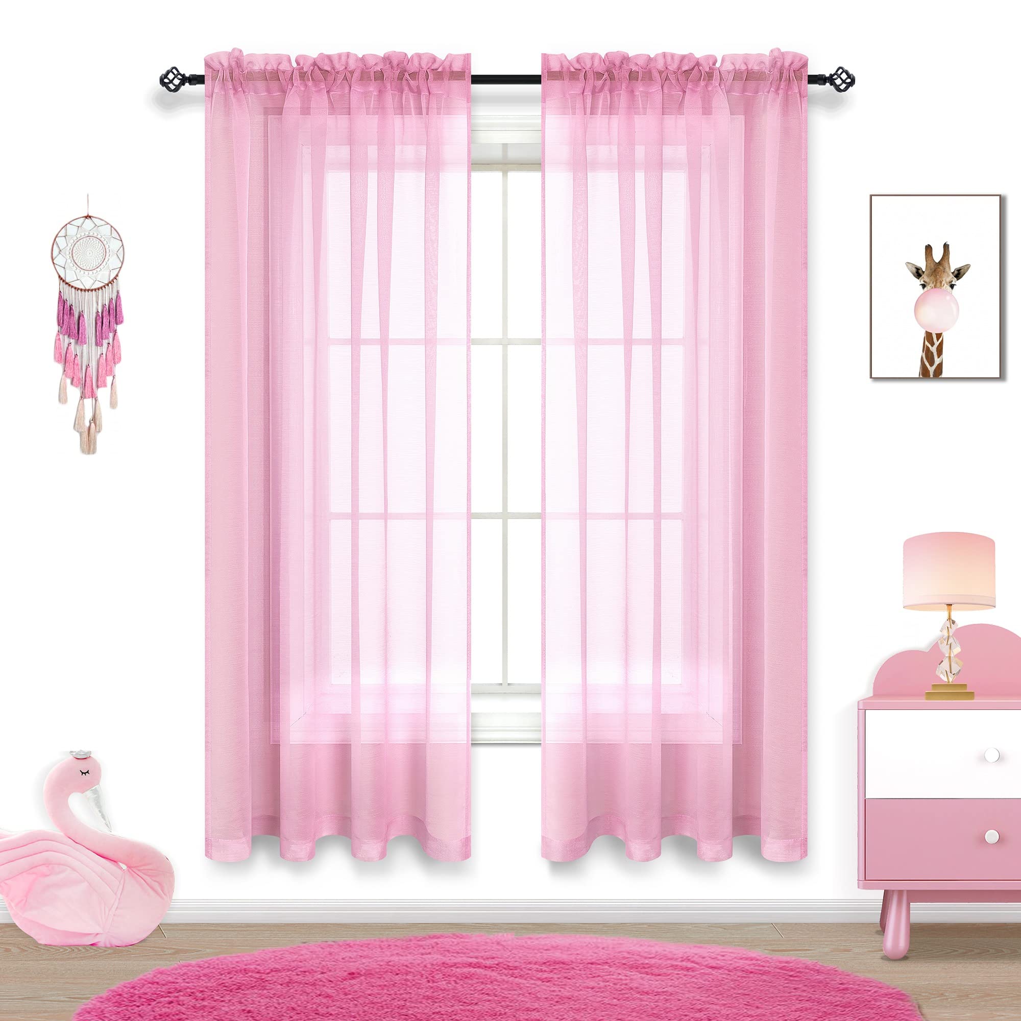 Pink Sheer Curtains for Girls Room - 63 Inch Length Window Treatment, 2 Panels Set, Kids Bedroom Decor, Bed Canopy for Teen Girls | Perfect for Nursery, Dorm Room & Princess Themed Bedroom Decorations