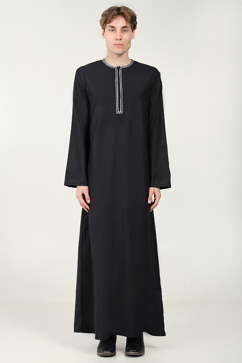 Embroidered Neck Classic Thobe for Men - Premium Cotton Long Dress with Zipper Opening - Perfect for Daily Wear, Eid, Mosque & Special Occasions