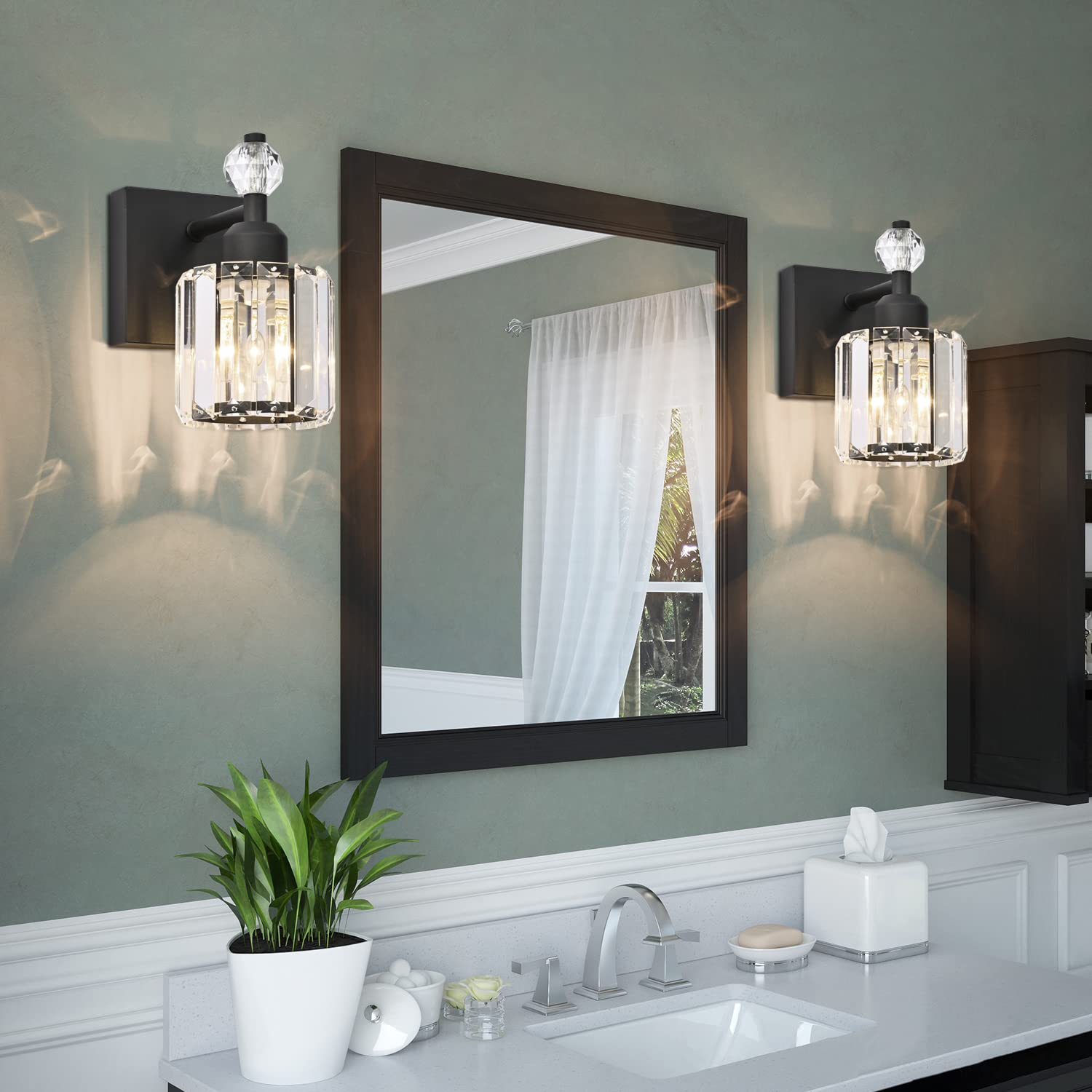 Modern Black Crystal Vanity Light Fixture - 1 Light Bathroom Wall Sconce for Mirror Lighting | Elegant Bathroom Decor for Master Bath, Powder Room & Guest Bath