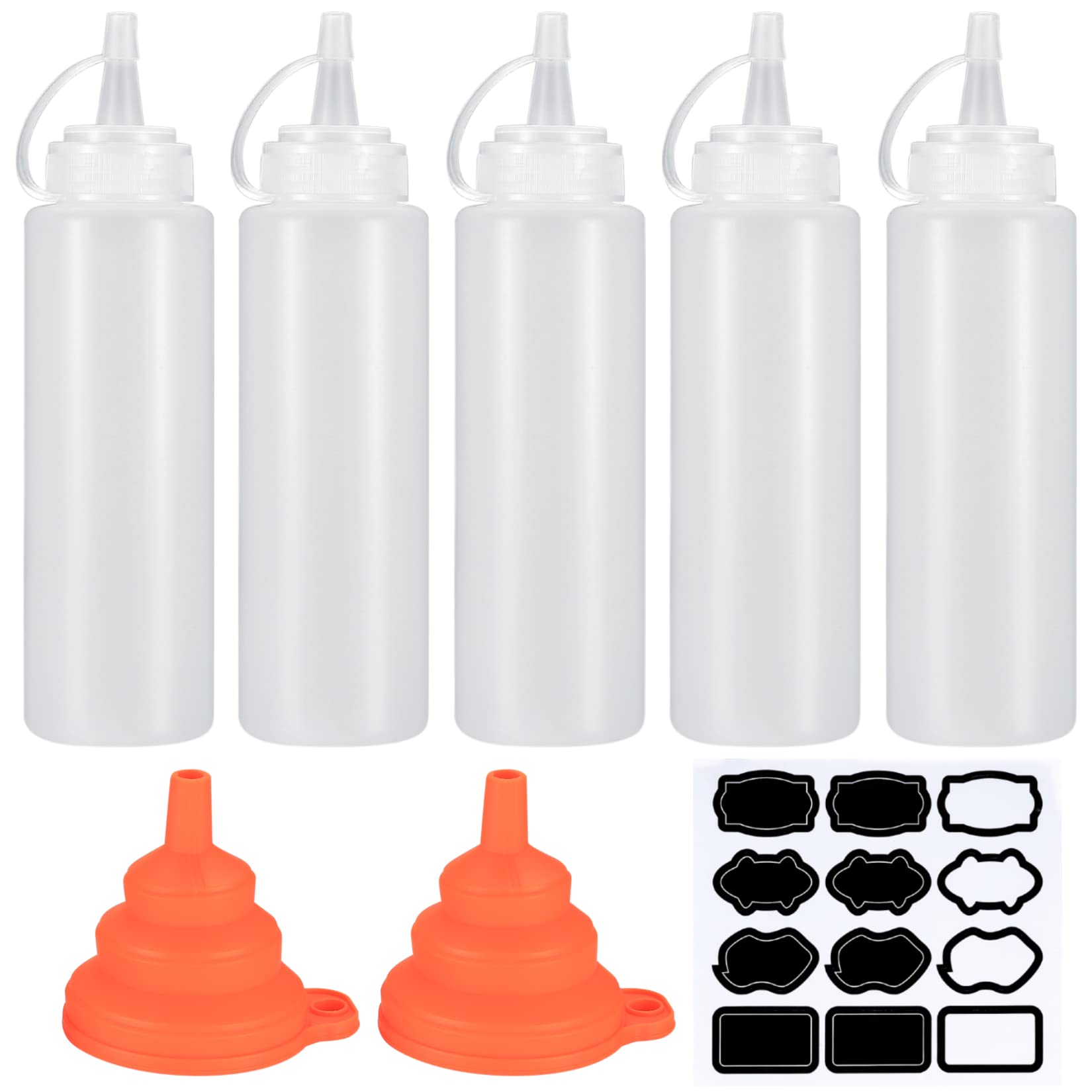 Zhujiehigh 5-Pack 8 oz Plastic Squeeze Condiment Bottles with Funnel & Labels - Perfect for Ketchup, Mustard, Hot Sauce, Oil & Salad Dressing | Ideal for Restaurants, BBQs, Picnics & Home Kitchen Use