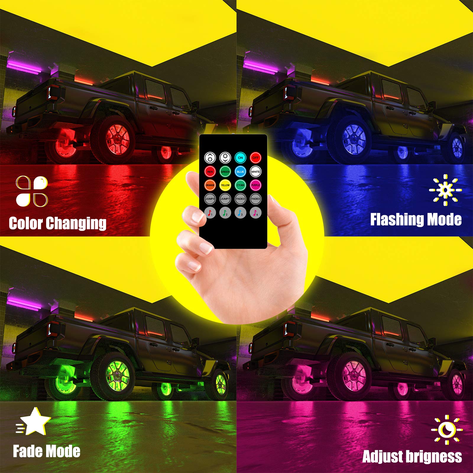 SUNPIE RGB Wheel Lights for Trucks, SUVs & Cars - Universal 19'' & 20'' Tire Rim LED Lights with Sequential Multi-Color Effects & 4PC Extension Wires - Perfect for Night Driving, Car Shows & Off-Road Adventures