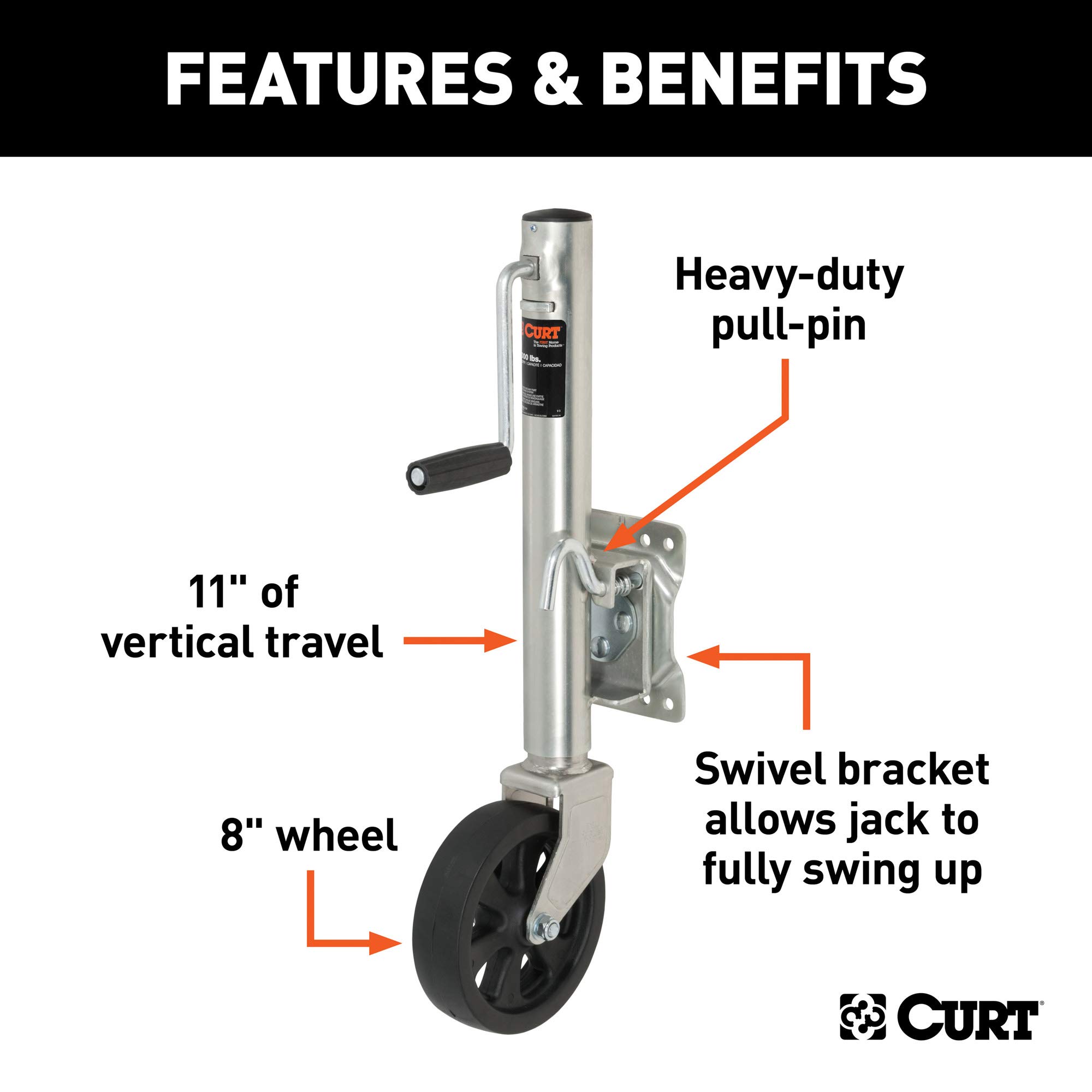CURT 28116 Heavy Duty Marine Boat Trailer Jack - 1500 lbs Capacity, 8-Inch Wheel & 11-Inch Vertical Travel - Perfect for Boat Trailers, Dockside Adjustments & Watercraft Loading/Unloading