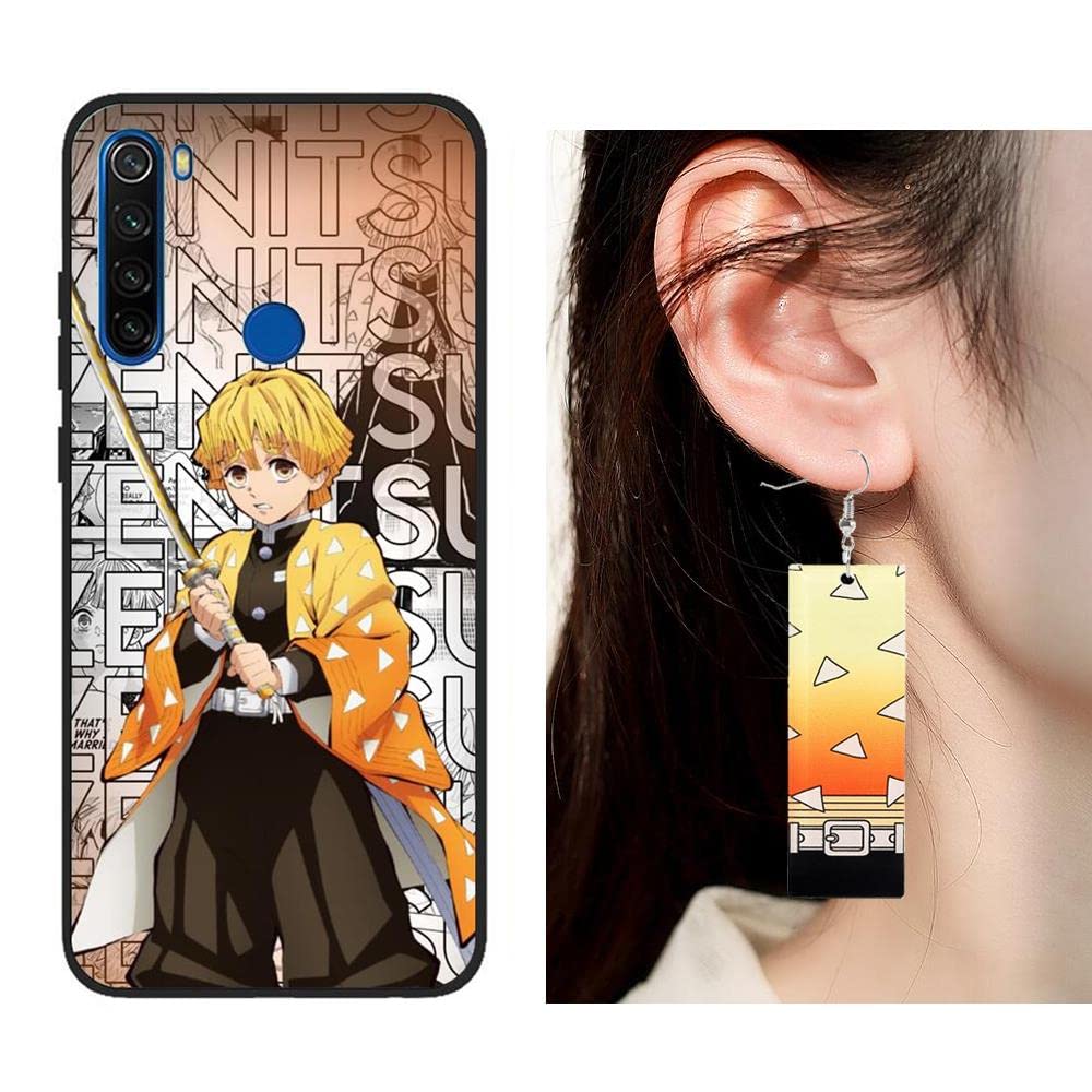 Ultra Thin Soft Matte Black Rubber Case for Xiaomi Redmi Note 8 - Agatsuma Zenitsu Anime Design with Earrings - Protective Phone Cover for Daily Use & Cosplay Enthusiasts