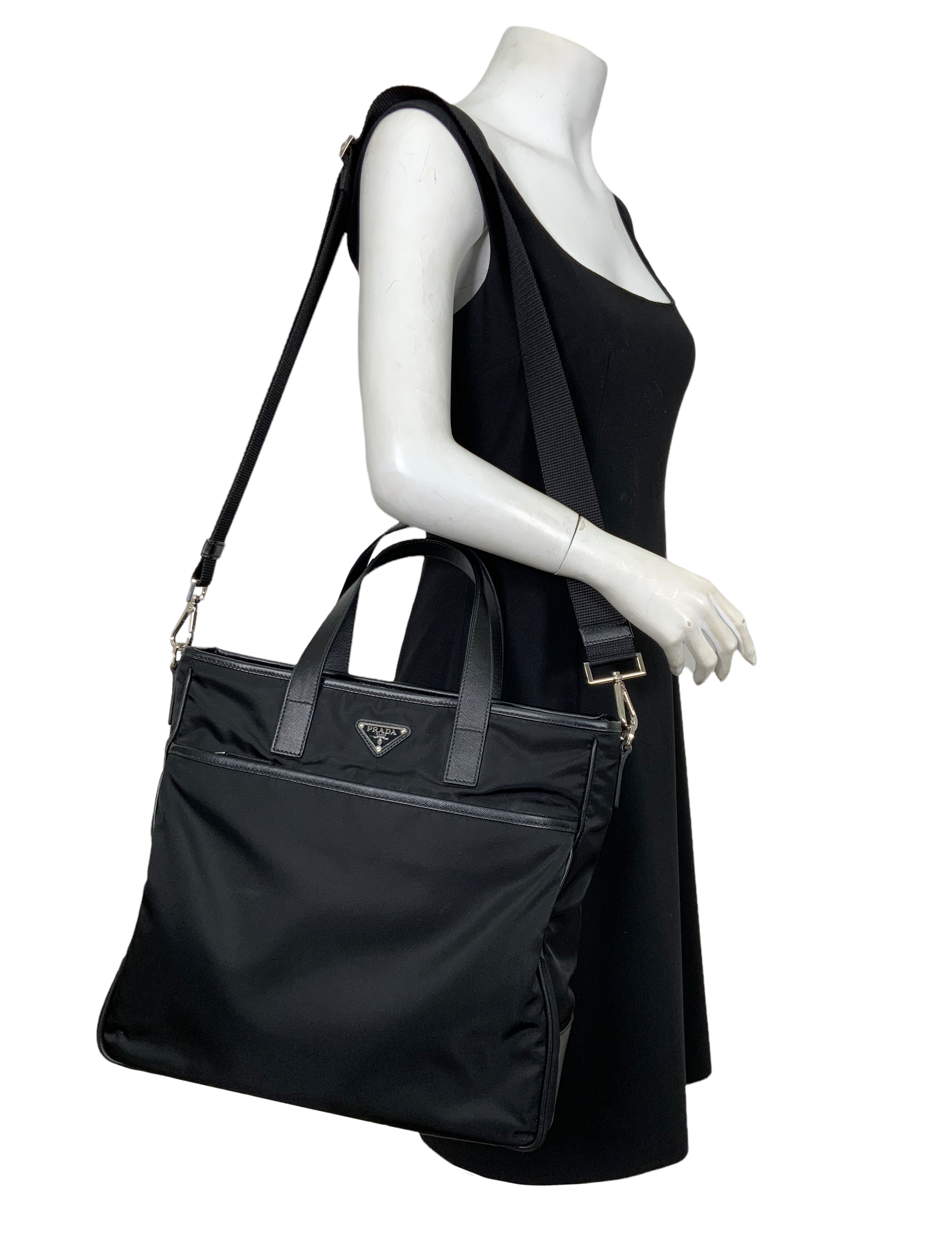 PRADA Re-Nylon Convertible Zip Tote Bag with Saffiano Leather Trim - Stylish Shopping Bag for Work, Travel & Everyday Use
