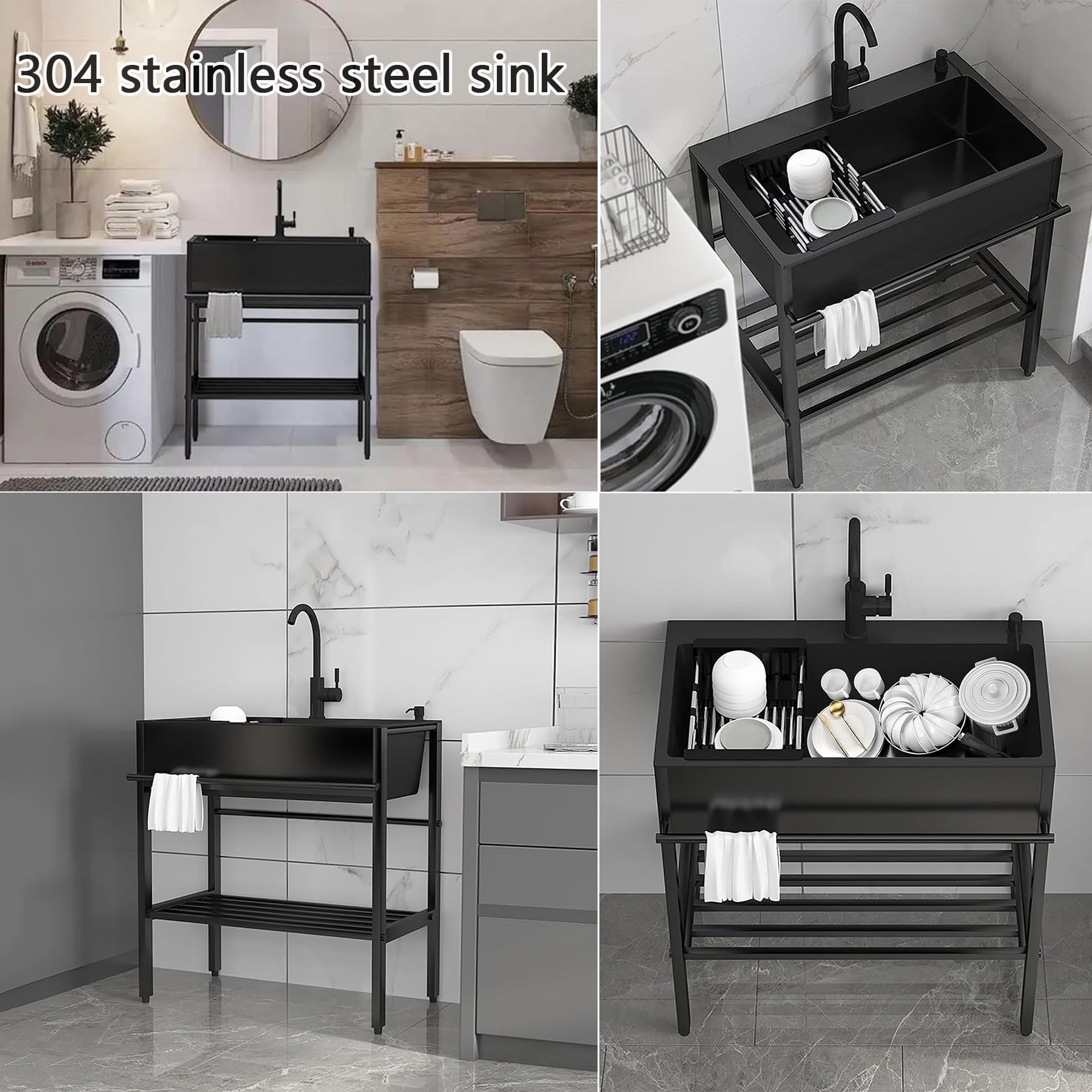 Stainless Steel Utility Sink with Cabinet - Freestanding Single Bowl Kitchen Sink for Prep, Laundry & Pet Washing | Includes Faucet | Ideal for Garage, Outdoor Kitchen, Commercial Use & Workshop (Black)