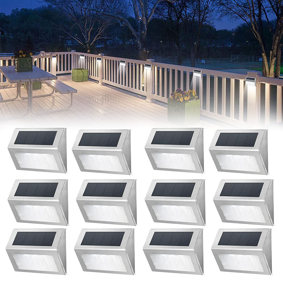 8 Pack Solar Powered Outdoor Fence Lights - Stainless Steel Waterproof LED Deck Lighting for Steps, Stairs, Paths & Gardens | Weatherproof Solar Wall & Step Lights (12 Pack) | Perfect for Backyard, Patio, Walkway & Landscape Lighting