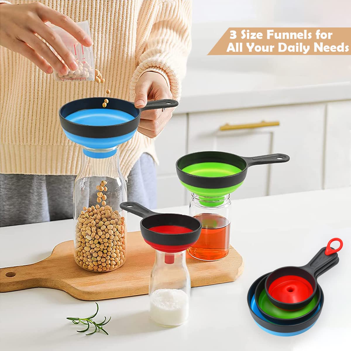 **Wide Mouth Canning Funnel Set (3 Pack) - Food Grade Silicone Collapsible Kitchen Funnel for Bottles, Mason Jars, Transferring Liquids, Oil & Powder - Perfect for Home Brewing, Cooking & DIY Projects**