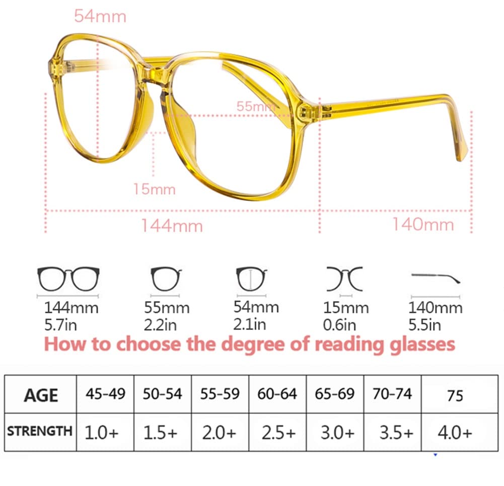 Women's Oversized Fashion Reading Glasses - Transparent Yellow Frame, Spring Hinge, Anti-Eyestrain (2.5X) - Perfect for Reading, Working, and Daily Use
