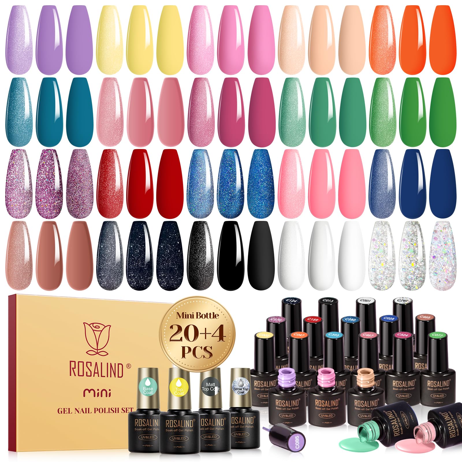 ROSALIND 24PCS Gel Nail Polish Set - 20 Colors Soak Off UV LED Nail Polish with Base Coat, Glitter, Glossy & Matte Top Coat - Fall Winter Holiday Nail Colors for Manicure & Nail Art DIY at Home or Salon