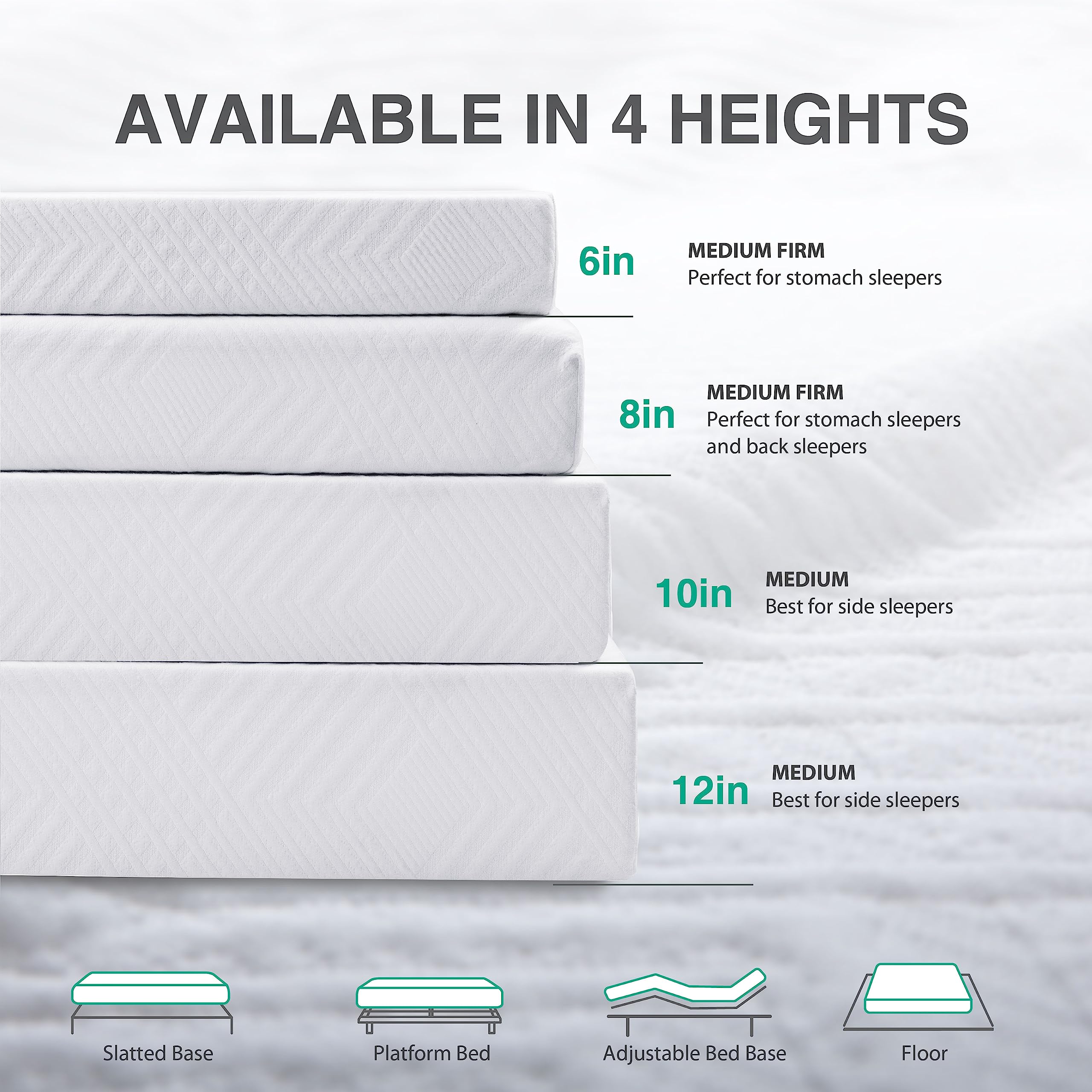 8 Inch Queen Size Green Tea Memory Foam Mattress in a Box - CertiPUR-US Certified, Fiberglass Free with Cooling Gel Layer - Medium Firm Support (60