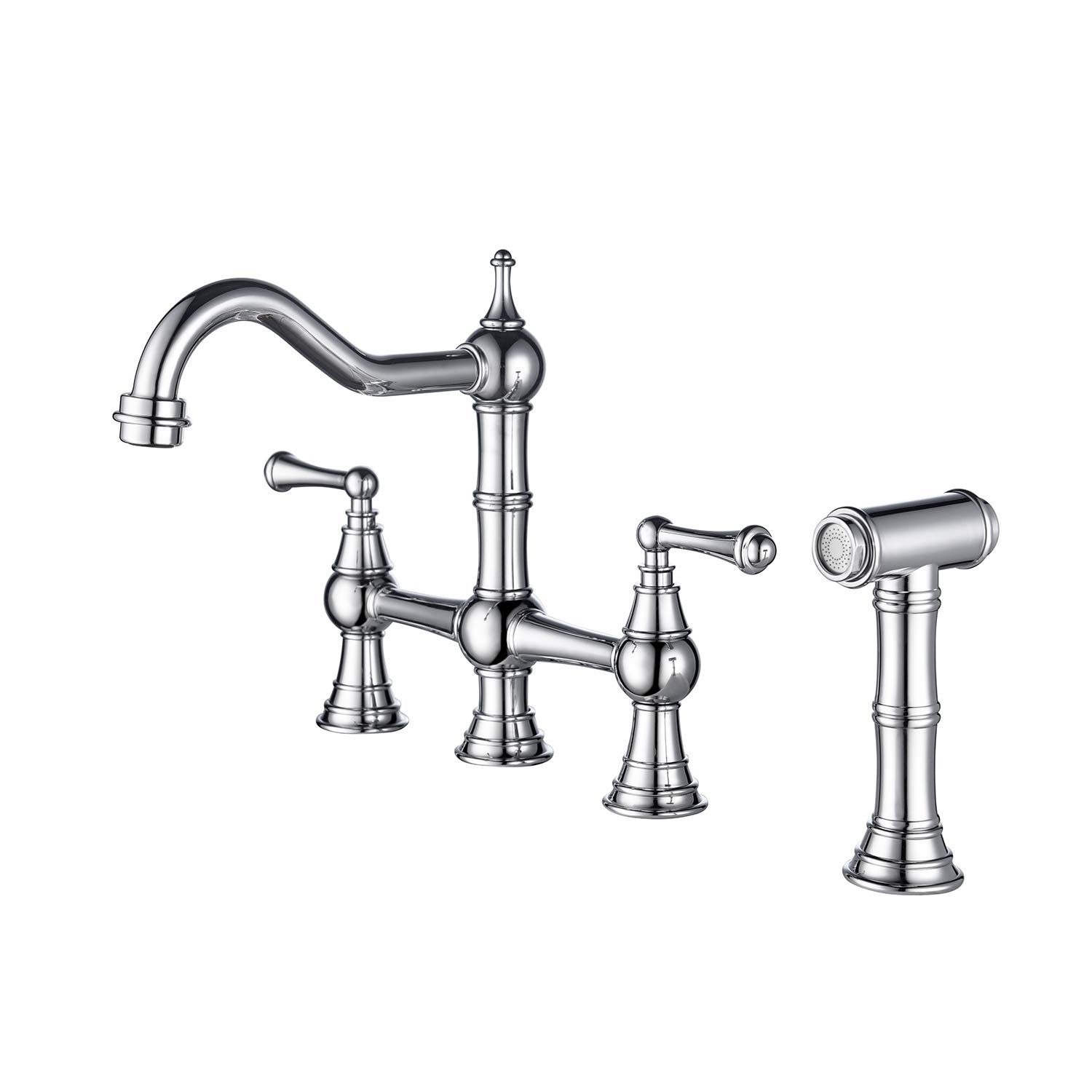 2-Handle Commercial Solid Brass Bridge Kitchen Faucet with Pull-Out Side Sprayer, 4-Hole Sink Faucet in Chrome Finish for Modern and Traditional Kitchens