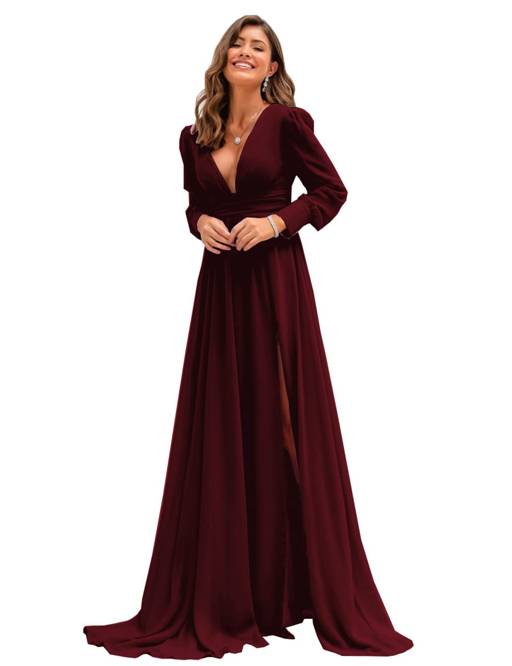 OFEYCHUN Women's V-Neck Long Sleeve Backless Bridesmaid Dress with High Slit - A-Line Formal Evening Gown for Wedding, Party & Special Occasions | Elegant & Sexy Prom Dress for Dinners, Galas & Cocktail Events