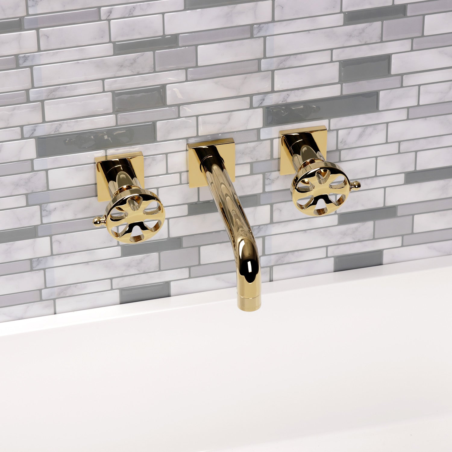 Belknap KS6122RX 3-Hole Wall Mount Bathroom Faucet with Double Handles in Polished Brass - Perfect for Modern Bathrooms and Powder Rooms