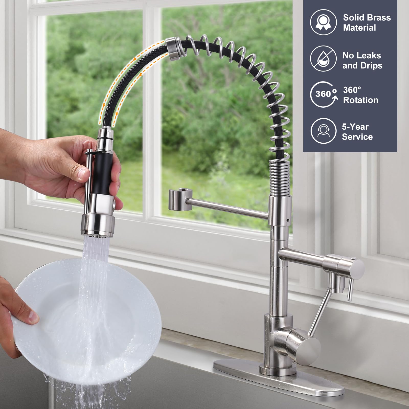 Premium Brushed Nickel Kitchen Faucet with Pull-Down Sprayer - High Arc Commercial Spring Design for 1 or 3 Hole Sink Installation - Durable Brass Construction with Deck Plate - Perfect for Modern Kitchens, Restaurants & Food Prep Areas