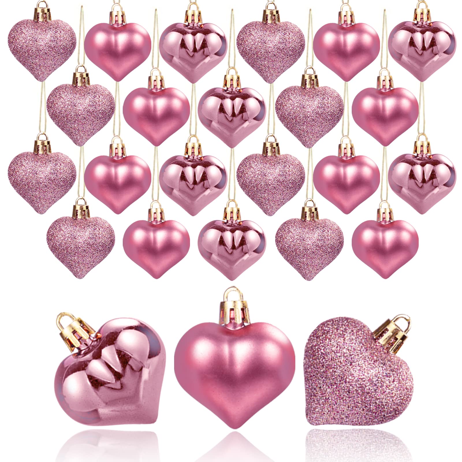 36pcs Rose Gold Heart Shaped Ornaments - Valentine's Day Wedding Anniversary Tree Decorations, Hanging Baubles for Home Party & Romantic Celebration