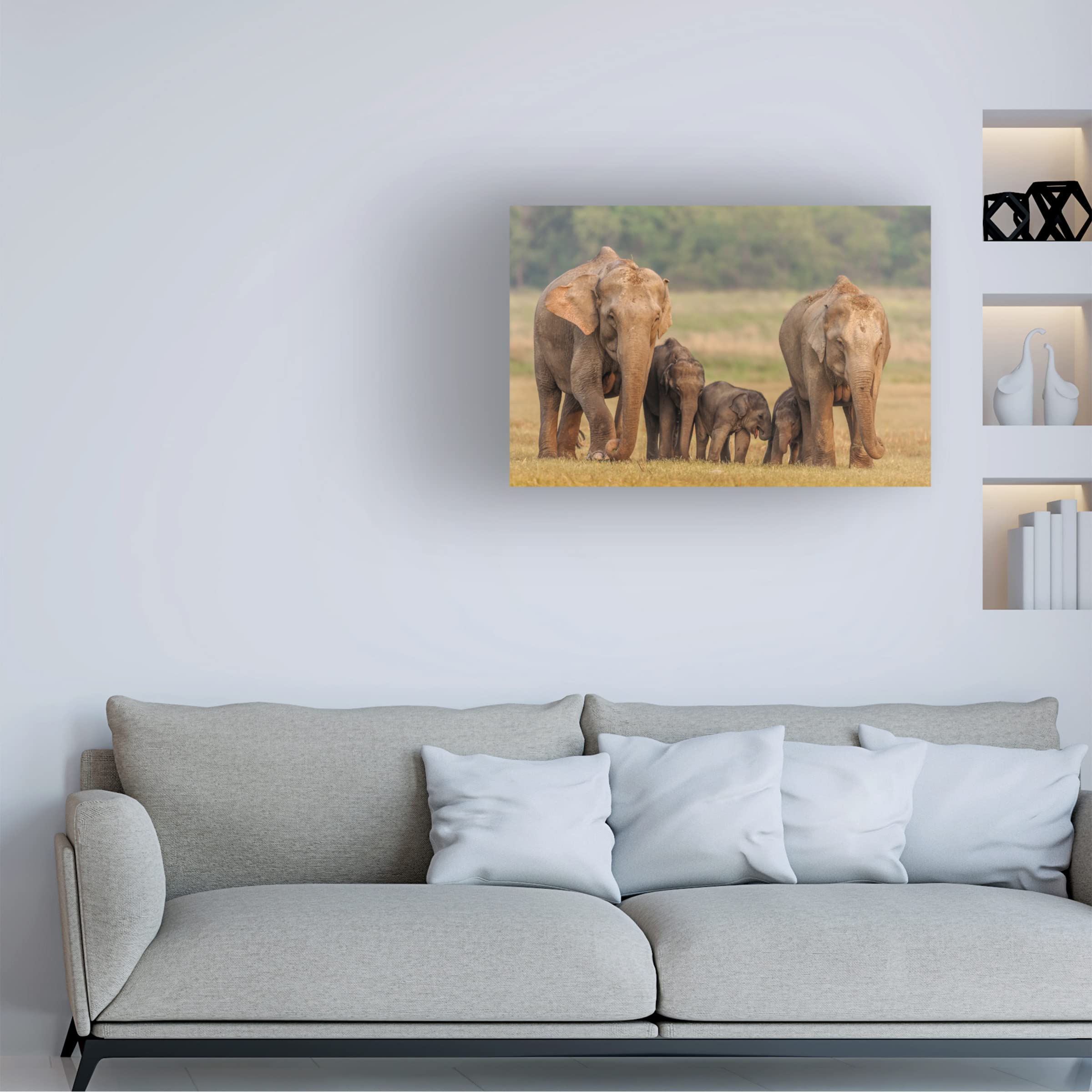 Jagdeep Rajput Asian Elephant Family Canvas Wall Art - Handmade Wildlife Painting for Living Room, Bedroom & Office Decor