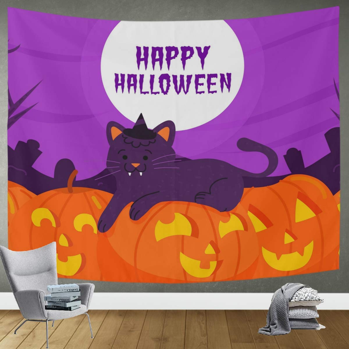 DOMIKING Halloween Tapestry Wall Hanging - Jack O'Lantern Cat Design Large 60x51in for Living Room, Bedroom & Dorm Decor | Spooky Party Backdrop & Seasonal Home Decoration