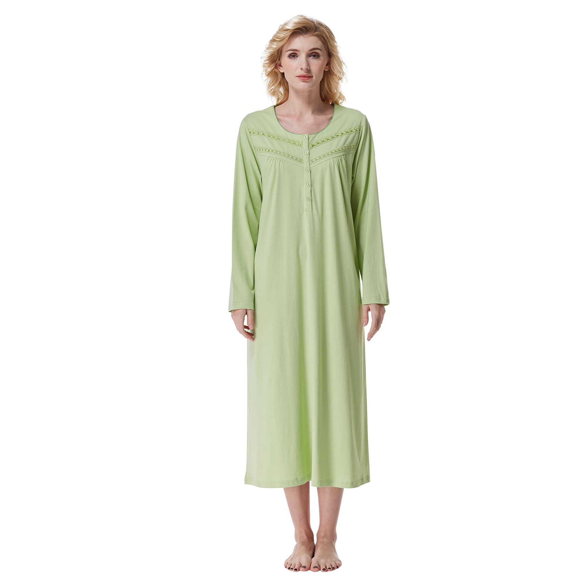 Keyocean Women's Soft Cotton Long Sleeve Nightgown - Comfortable Lightweight Sleepwear for Lounge & Bedtime - Perfect for Relaxing at Home or Overnight Travel
