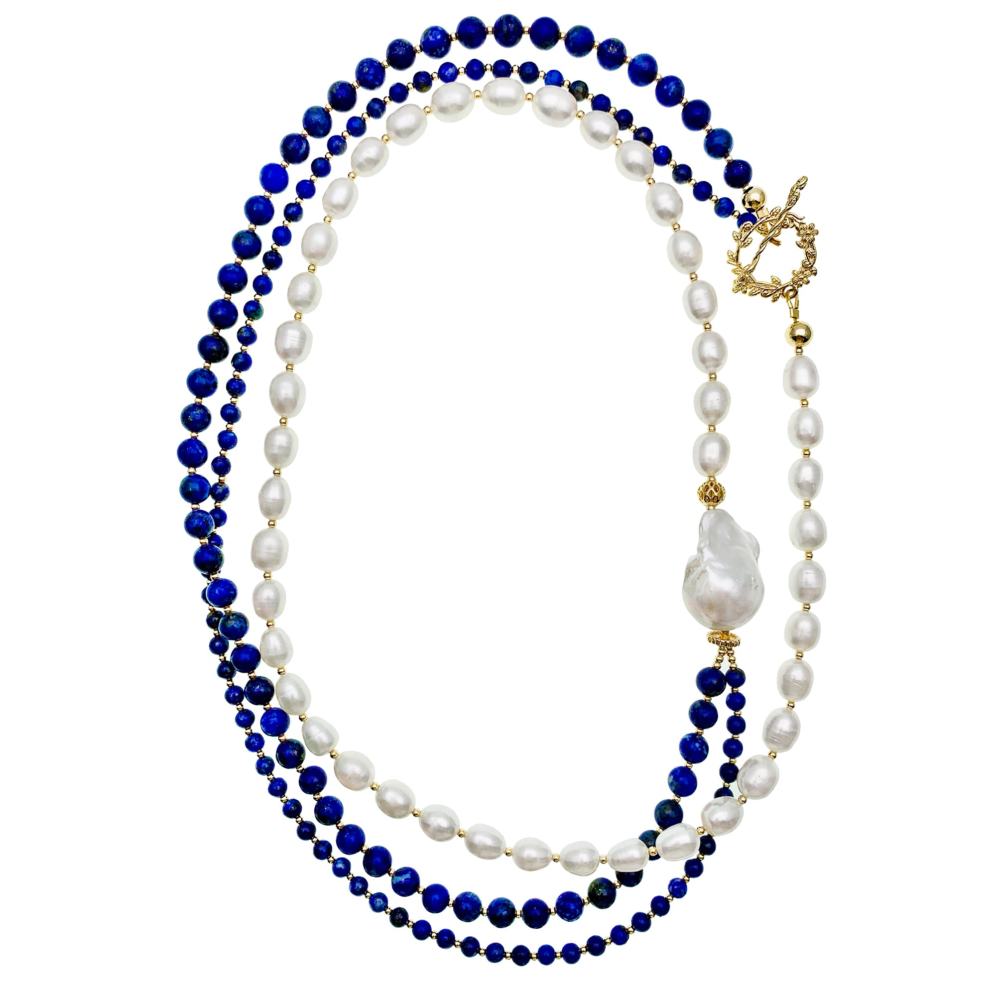 Elegant Round Lapis & Freshwater Pearls Multi-Layer Long Necklace EN017 - Perfect for Weddings, Parties & Evening Events