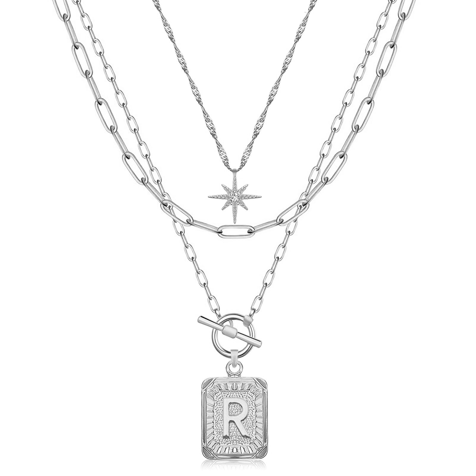 MJartoria 14K Gold Plated Layered Initial Necklace for Women - Trendy Star Choker with Square Letter Pendant & Paperclip Chain - Elegant Gold Necklace Jewelry Gift for Her | Perfect for Birthday, Anniversary, Valentine's Day & Everyday Wear