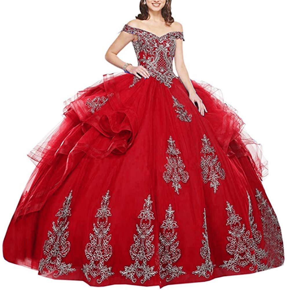 Elegant Red Off Shoulder Beaded Quinceanera Dress with Tulle Applique - Formal Ball Gown for Women's Sweet 16, Prom, Wedding & Special Occasions