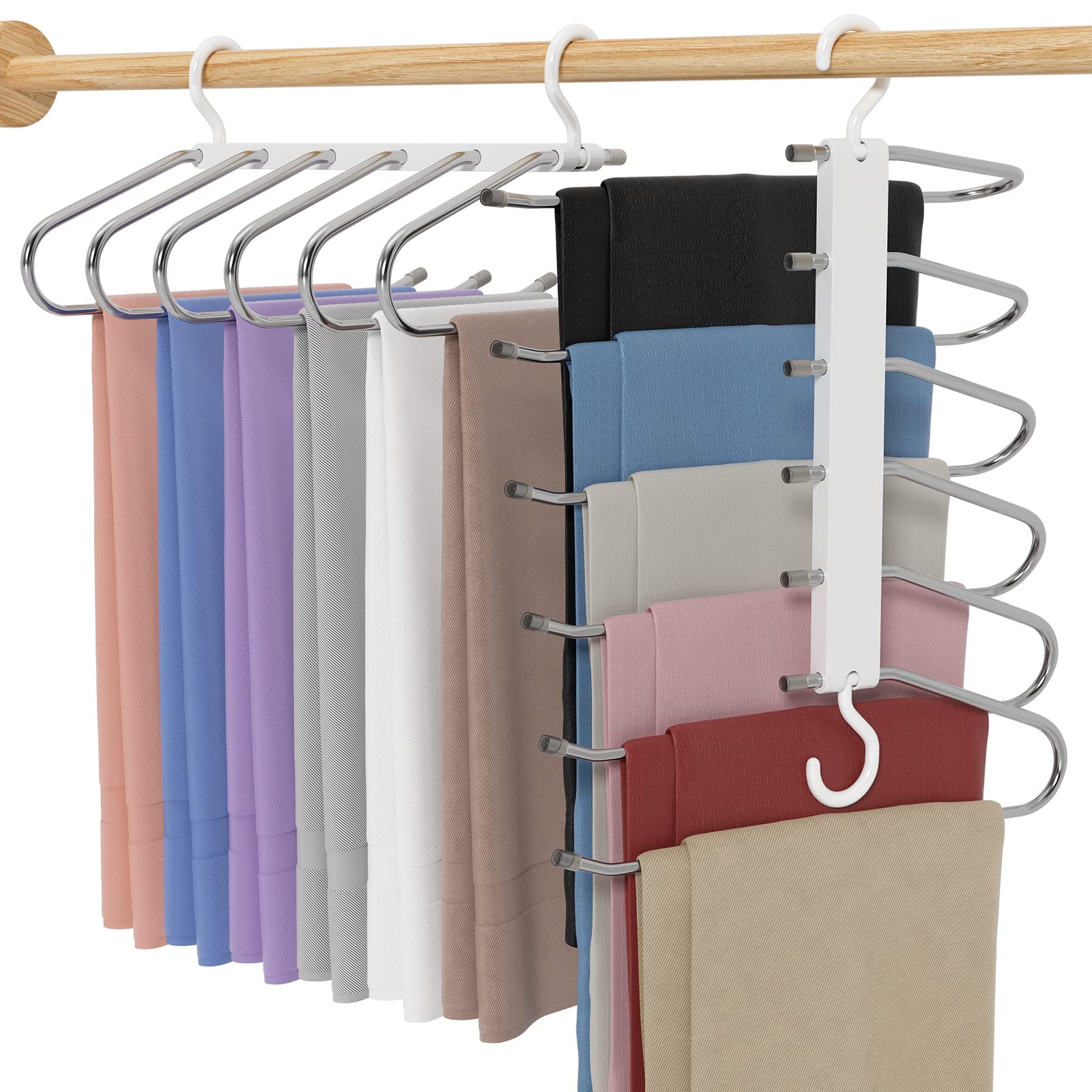 2 Pack Stainless Steel 6-Tier Magic Pants Hanger - Space Saving Non-Slip Closet Organizer for Pants, Skirts, Jeans, Scarves & Accessories | Perfect for Closet Storage & Travel Packing