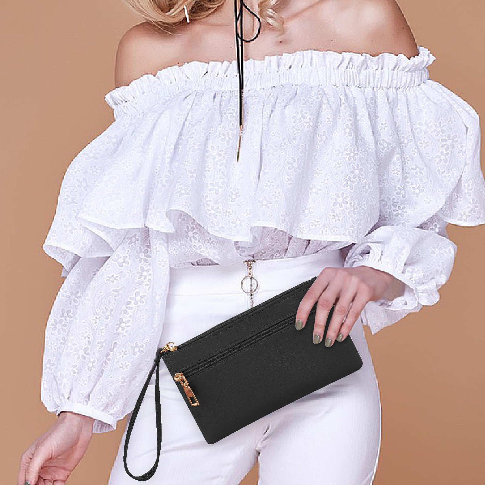 Women's Leather Wristlet Clutch with Double Zipper - Large Capacity Phone Wallet for iPhone & Cards - Perfect for Evening Parties, Travel, and Daily Use