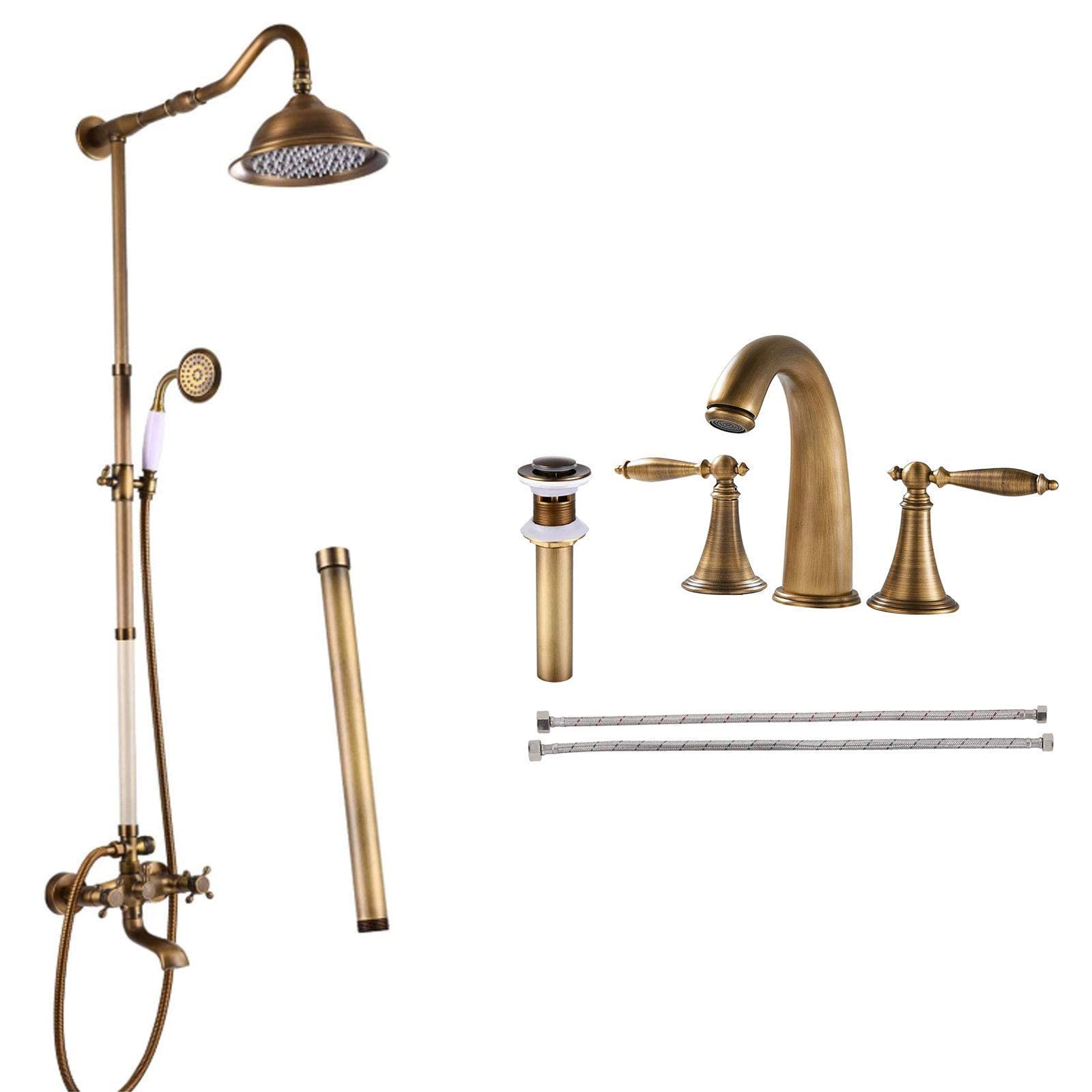 Vintage Brass Shower Faucet Set - 3 Hole Bathroom Sink Faucet with Hand Sprayer, Tub Spout & Pop-Up Drain - Double Handle Antique Brass Fixture for Classic Bathroom Decor | Perfect for Master Bath, Guest Bath & Renovation Projects
