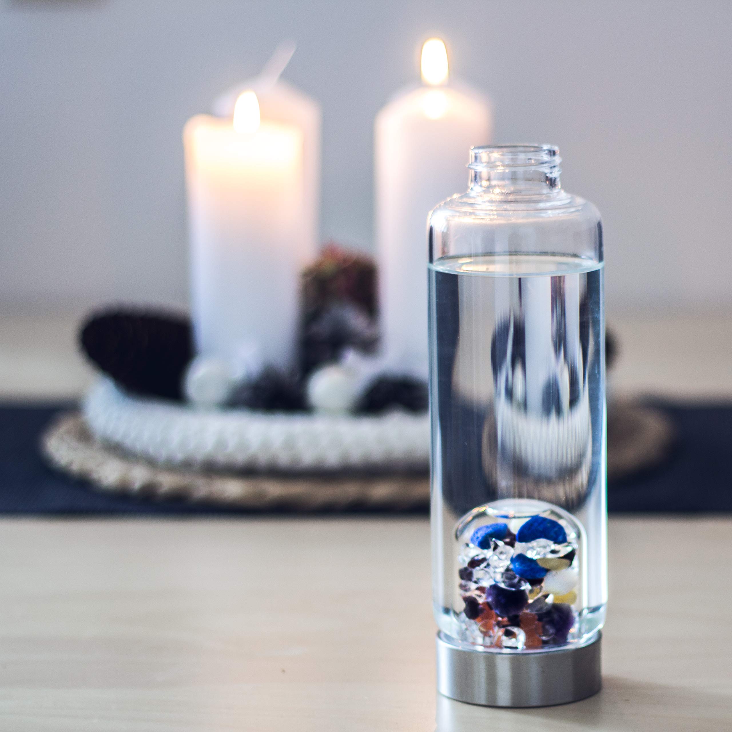 VitaJuwel ViA AYURVEDA Crystal Water Bottle with Amethyst, Milk Opal, Lapis Lazuli, Garnet, Carnelian & Orange Calcite - Infused Water for Wisdom, Intuition & Joy | Perfect for Yoga, Meditation & Energy Healing