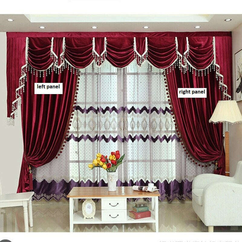Mila Classic Plain Velvet Curtains with Pom Pom Lace Trim - Barn Red - Elegant Window Treatments for Living Room, Bedroom & Home Decor