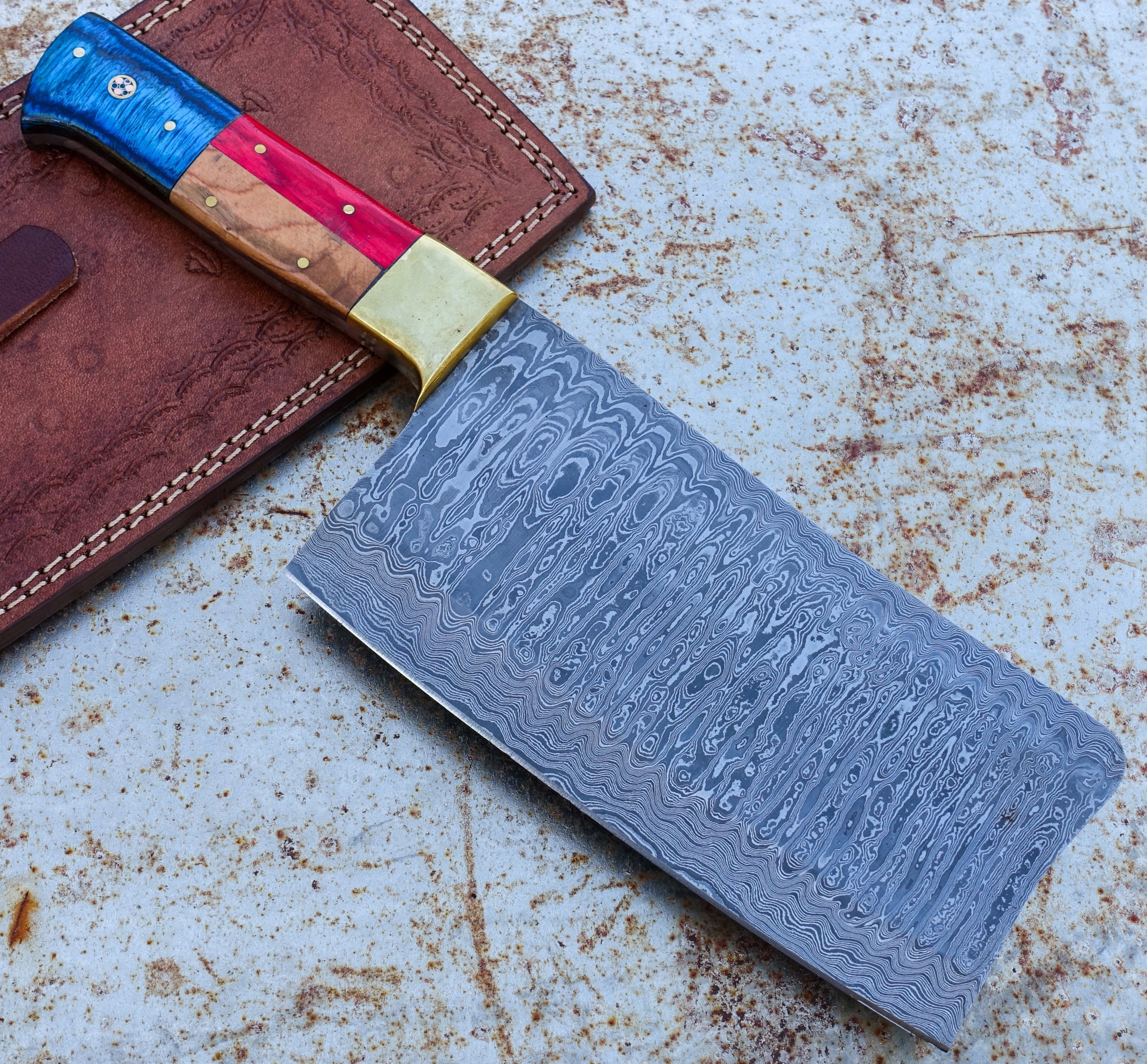 HK Knives 7-Inch Damascus Steel Cleaver with Sheath - Premium Kitchen Knife for Professional Chefs & Home Cooking, Perfect for Meat Cutting, Vegetable Chopping & Food Preparation