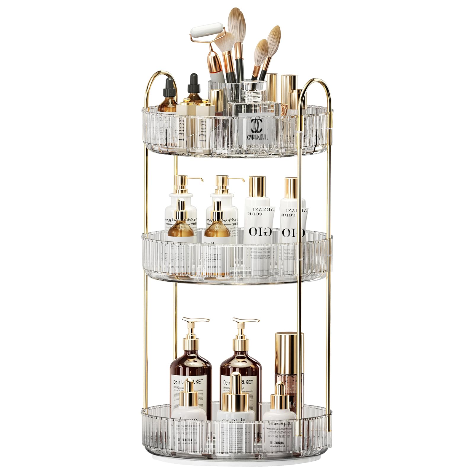 360° Rotating Makeup Organizer with Brush Holder - 3-Tier Large Capacity Cosmetic Storage for Skincare, Perfume & Beauty Products - Perfect for Bedroom Vanity, Bathroom Countertop & Dresser Organization (White) - Ideal for Daily Makeup Routine & Travel Storage