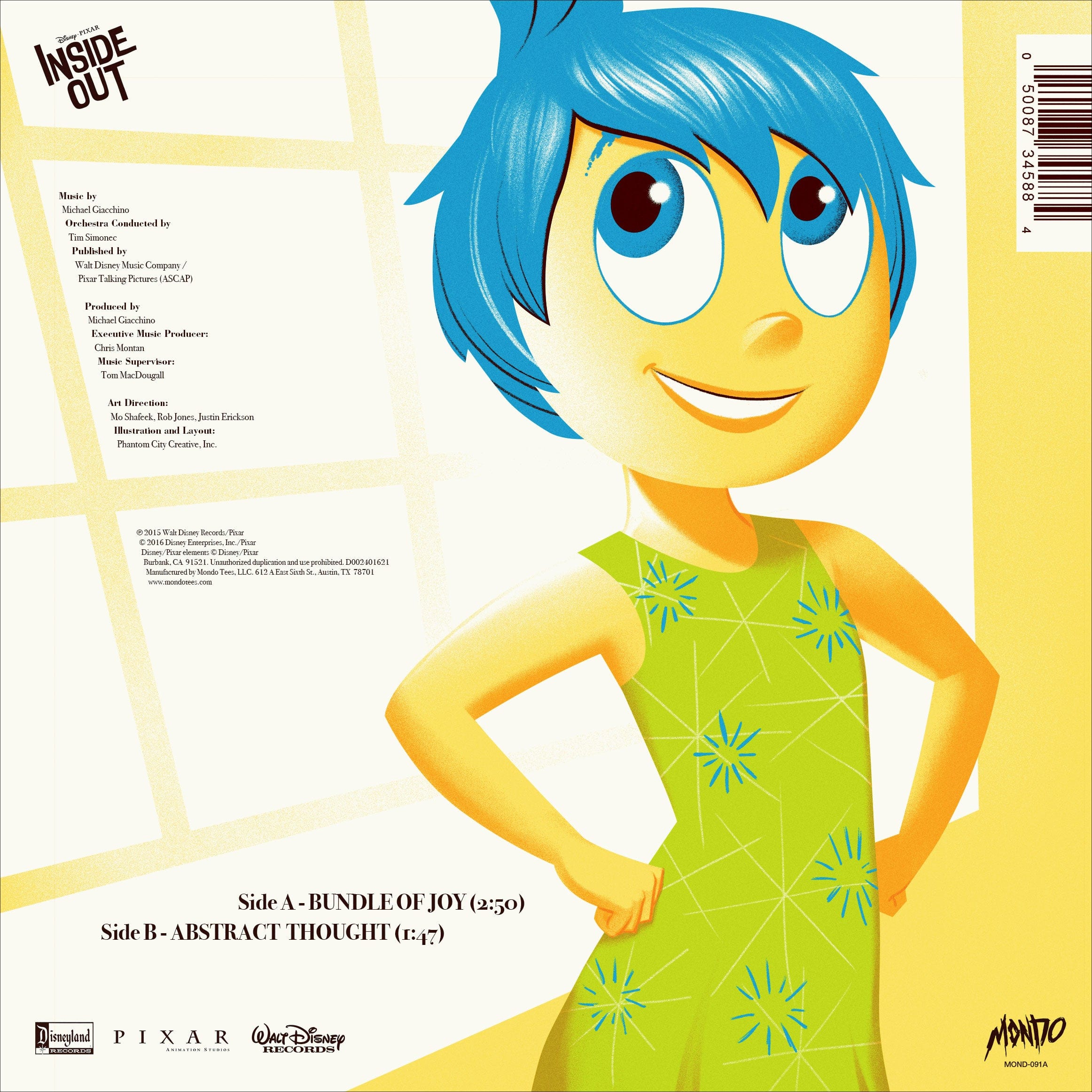 Inside Out 7 Inch Single (JOY) - Disney Pixar Soundtrack Vinyl Record - Perfect for Movie Nights & Disney Collectors