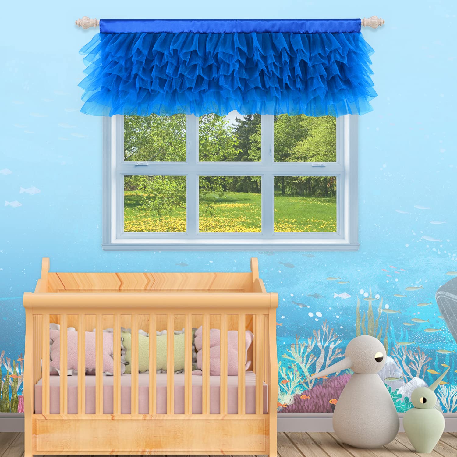Besutolife Blue Tulle Valance Curtain - Ruffled Window Valance for Baby Boy Nursery, Home Decor, Birthday Party & Special Events - Elegant Window Treatment for Nursery Room & Bedroom Decorations