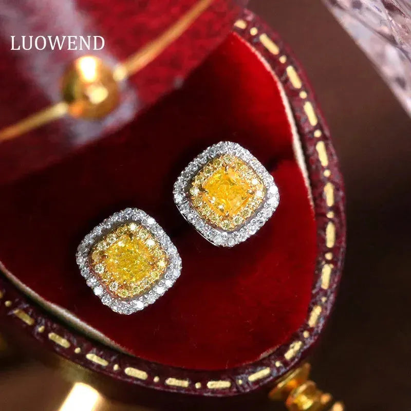18K White Gold Luxury Natural Yellow Diamond Halo Stud Earrings for Women | Engagement, Wedding & Party Jewelry | Perfect Gift for Anniversary, Valentine's Day & Special Occasions
