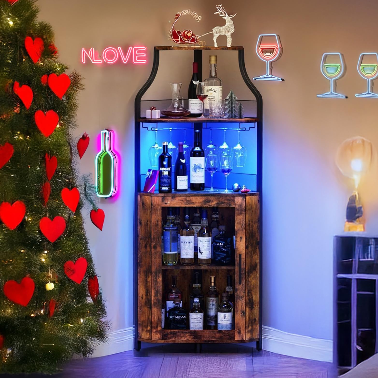5-Tier Corner Bar Cabinet with LED Lights, Glass Holder & Mesh Door - Industrial Wine Storage Cabinet for Small Spaces | Perfect for Home Bars, Dining Rooms & Compact Living Areas
