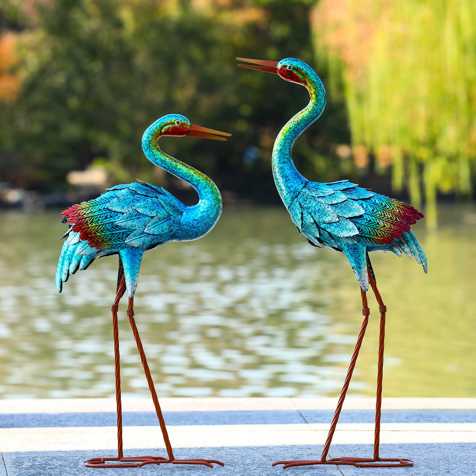 Blue Heron Garden Statues - Set of 2 Metal Crane Sculptures for Outdoor Decor, Patio, Pond & Lawn | Durable Large Bird Yard Art for Home & Garden Landscaping | Perfect for Backyard, Water Feature & Nature-Themed Decorations