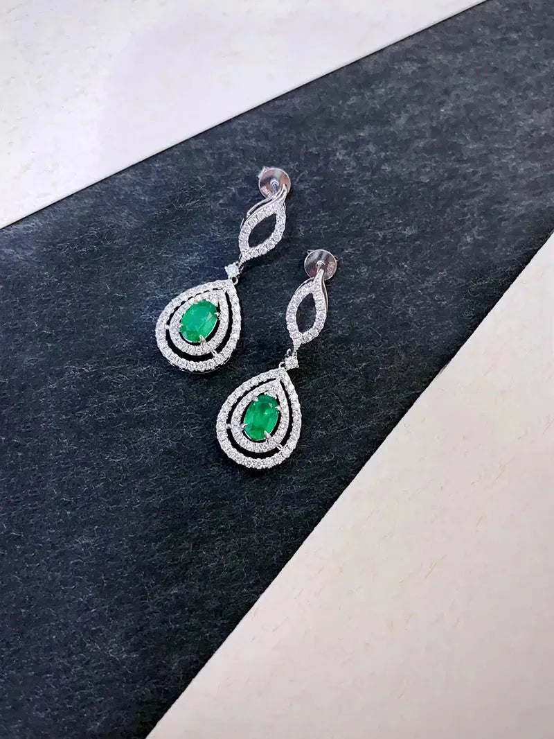18K White Gold Diamond & Natural Emerald Jewelry Set for Women - Elegant Necklace, Earrings & Ring Set | Luxury Gift for Anniversary, Wedding & Special Occasions