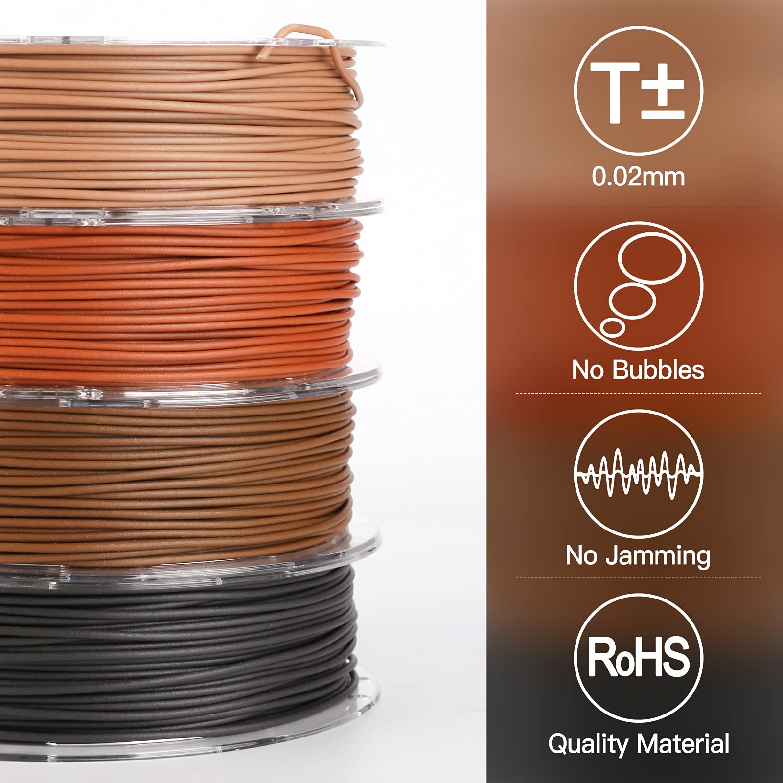 AMOLEN 3D Printer Wood PLA Filament Bundle - 1.75mm, 200g x 4 Spools (Walnut, Cherry, Bamboo, Ebony) for Creative 3D Printing Projects, Home Decor & DIY Crafts