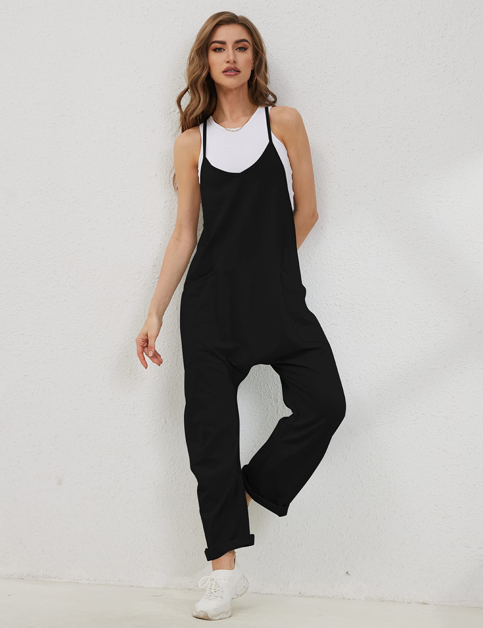 Lentta Women's Casual Jumpsuit - V Neck Sleeveless Romper with Adjustable Straps & Pockets | Stretchy Harem Overalls for Summer Outings, Beach Wear & Casual Fashion
