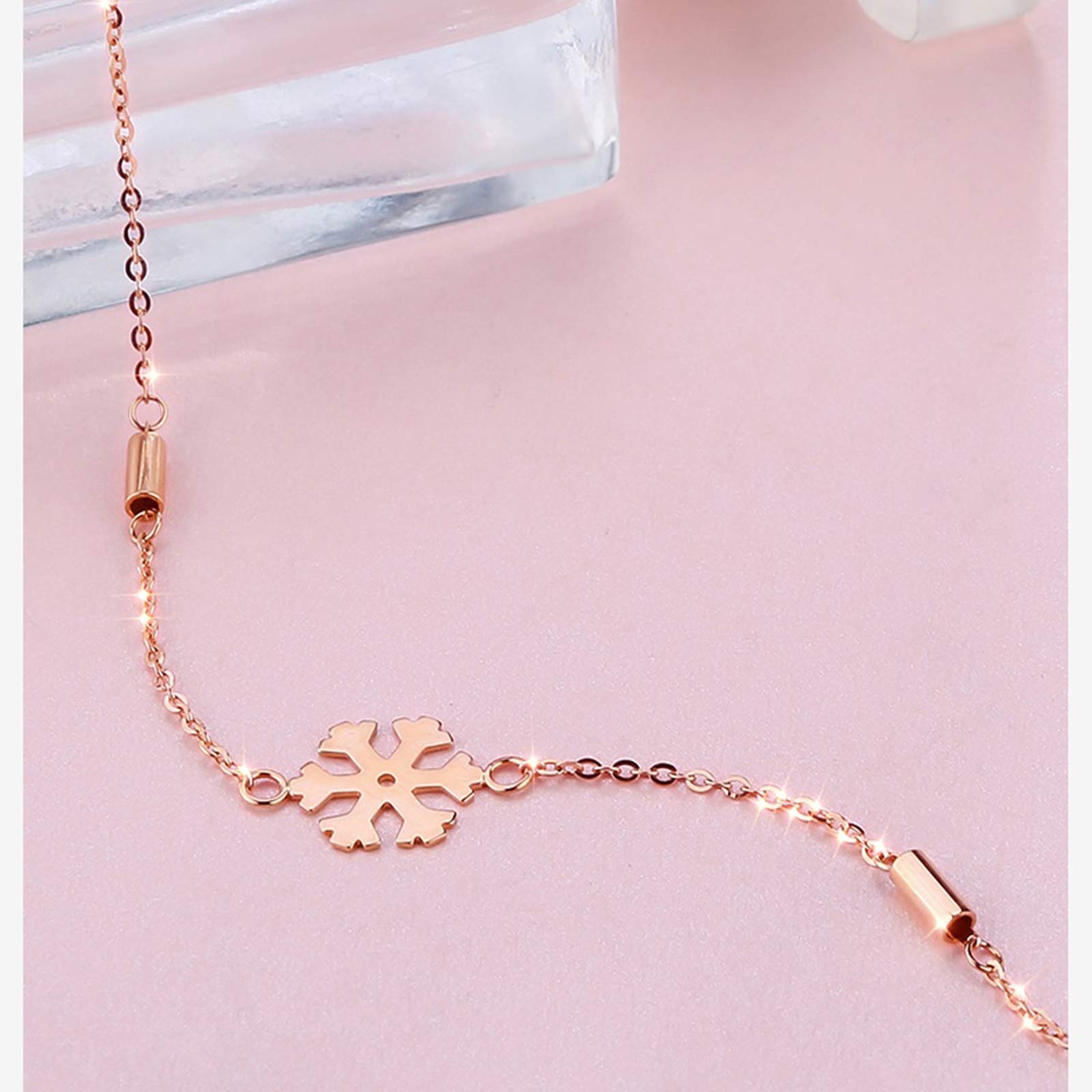 18K Rose Gold Bracelet for Women - Elegant Snowflake & Bar Charm Bridesmaid Jewelry, Adjustable 16cm+2cm Rolo Chain - Perfect for Weddings, Anniversaries & Special Occasions