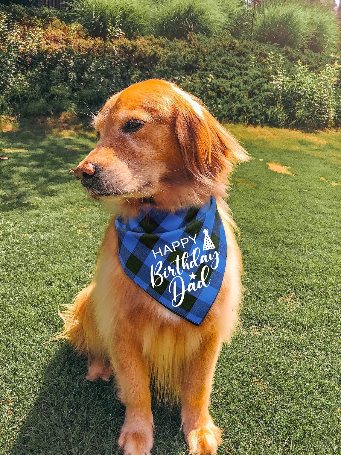 YHTWIN Funny Cute Cotton Blue Plaid Happy Birthday Dad Dog Bandana - Pet Birthday Party Decorations, Triangle Bib for Dog Lovers - Perfect Gift for Dog Birthday Celebrations & Photo Props