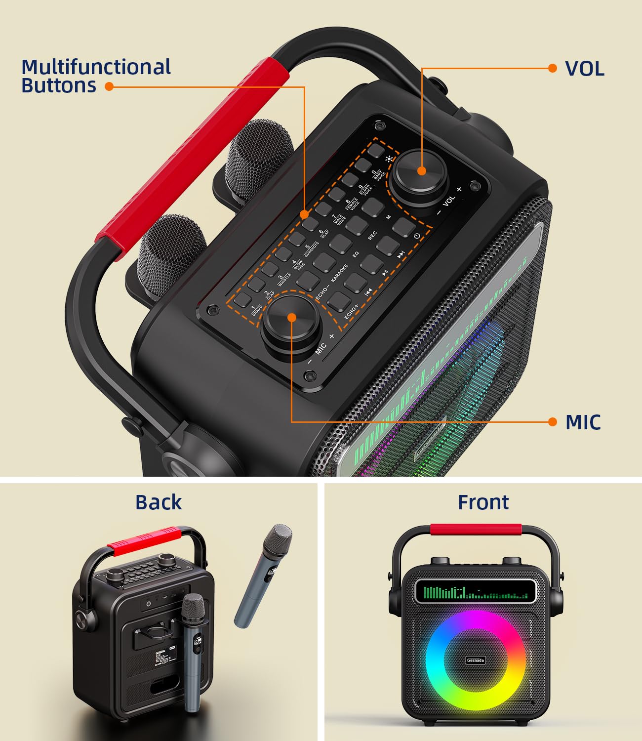 Portable Bluetooth Karaoke Machine with 2 Wireless Microphones - PA Speaker System with LED Lights for Adults & Kids, Supports REC/TWS/FM/AUX/USB/TF Card - Perfect for Home Parties, Birthday Gifts & Outdoor Gatherings