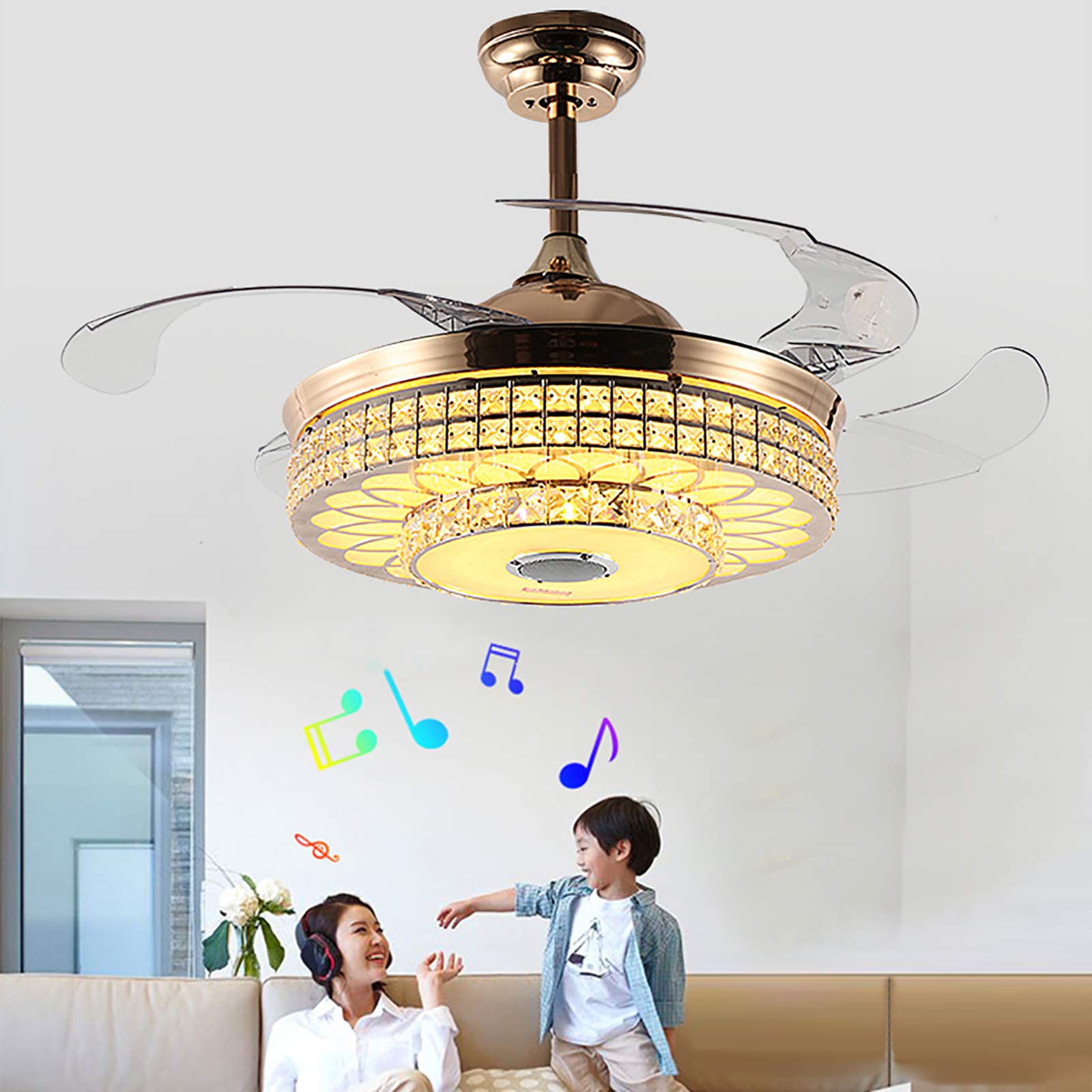 TFCFL 42 Inch Smart Bluetooth Ceiling Fan with Crystal Chandelier Light, Built-in Speaker for Music, 7 Color LED Lighting, Retractable Blades, 3 Speed Settings - Perfect for Bedroom, Dining Room & Living Room (Gold)