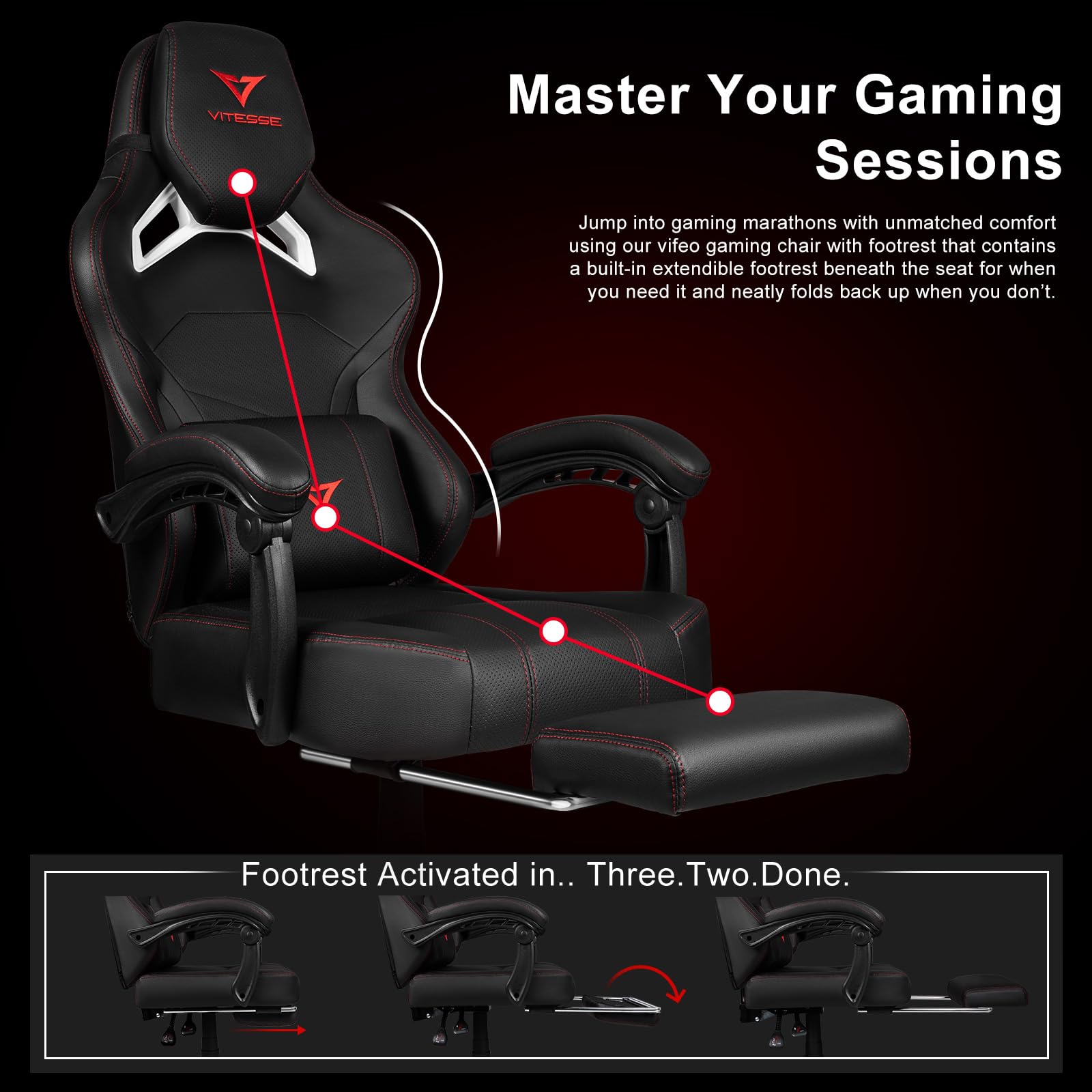 VITESSE Big and Tall Gaming Chair - 400lb Weight Capacity Ergonomic Office Chair with Adjustable Footrest, Oversized Headrest & Lumbar Support - Heavy Duty Computer Gaming Chair for Adults - Perfect for Home Office, Streaming & Esports Gaming
