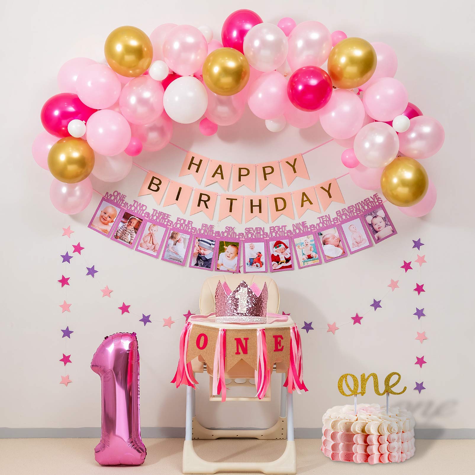 1st Birthday Girl Decorations - Pink & Gold Balloon Garland Kit with Highchair Banner, Pink Crown, Happy Birthday Banner, 12 Months Photo Banner, Cake Topper & Party Supplies for Baby Girl's First Birthday Celebration
