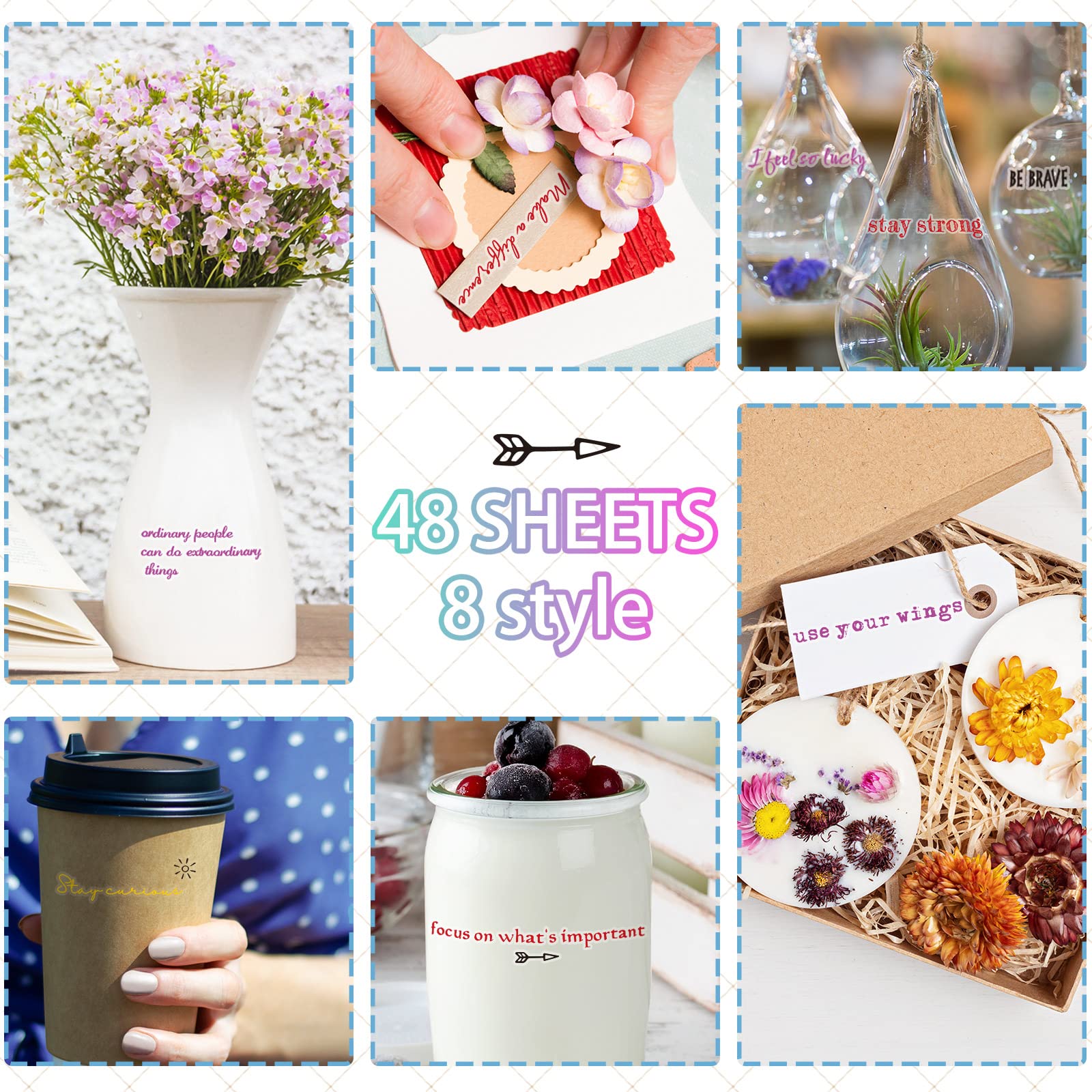 48 Sheets Inspirational Quote Stickers for Planners - Motivational Words, Handwritten Letters, 8 Colorful Styles - Perfect for Journaling, Scrapbooking, Bullet Journals & DIY Craft Projects