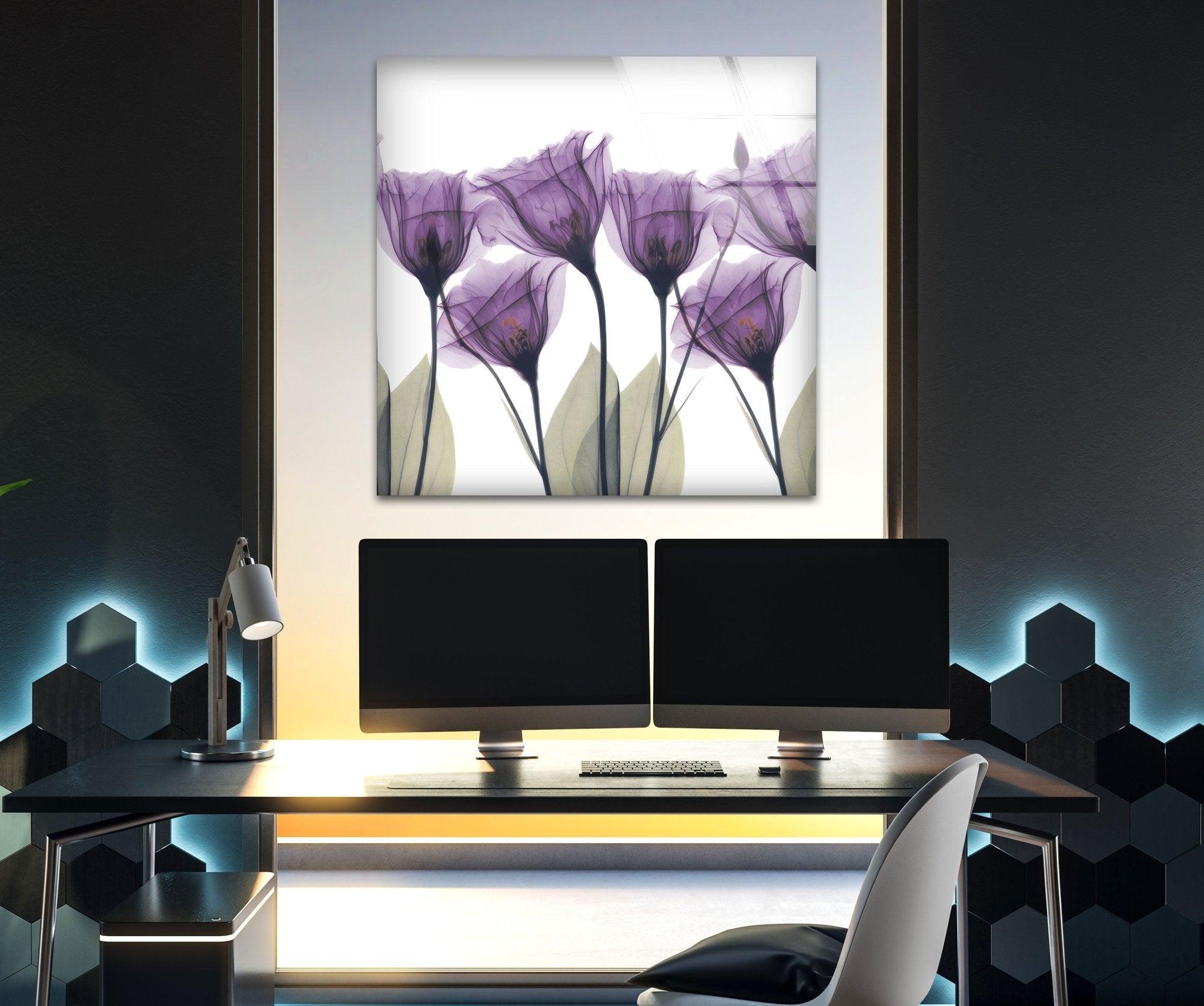 Albert Koetsier Royal Purple Gentian Glass Wall Art - Handcrafted Bohemian Style Floral Decor for Living Room, Bedroom & Office